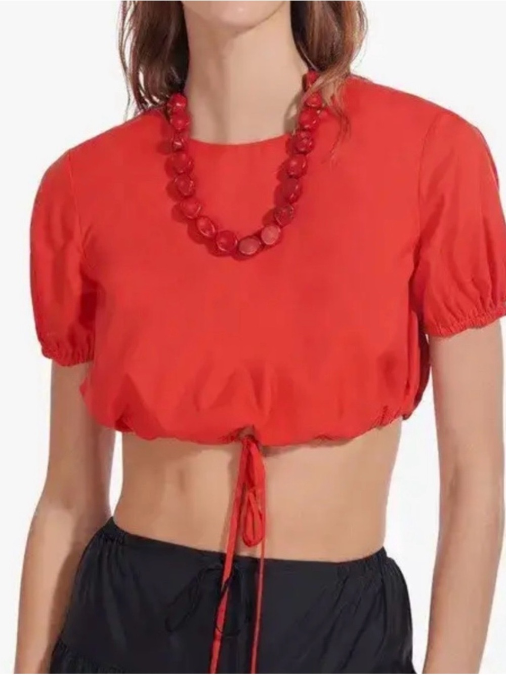 STAUD Red Drawstring Crop Top with Puff Sleeves